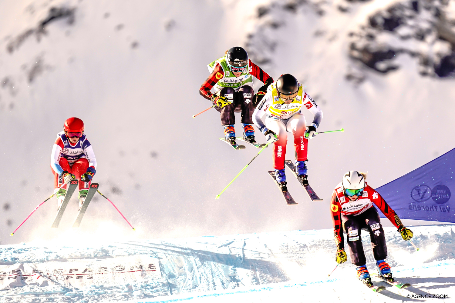 VAL THORENS, FRANCE - DECEMBER 7: Courtney Hoffos of Canada in action, Marielle Berger Sabbatel of France in action, Brittany Phelan of Canada in action, Sixtine Cousin of Switzerland in action during the FIS Freestyle Ski World Cup Men's and Women's Ski Cross on December 7, 2019 in Val Thorens, France. (Photo by Millo Moravski/Agence Zoom)
