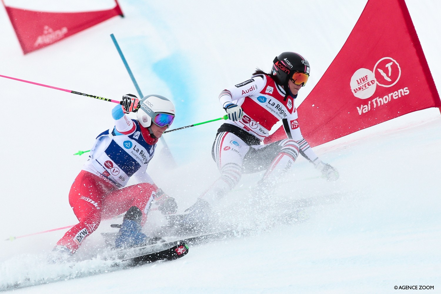 VAL THORENS, FRANCE - DECEMBER 21: Marielle Berger Sabbatel of France competes, Fanny Smith of Switzerland competes during the Audi FIS World Cup Ski Cross Men's and Women's Ski Cross on December 21, 2020 in Val Thorens, France. (Photo by Laurent Salino/Agence Zoom)